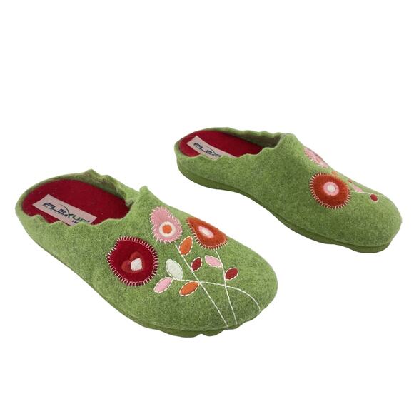 Flexus by Spring Step Green Wool Felt Floral Womens Clog Size 6 Preowned - Picture 1 of 8